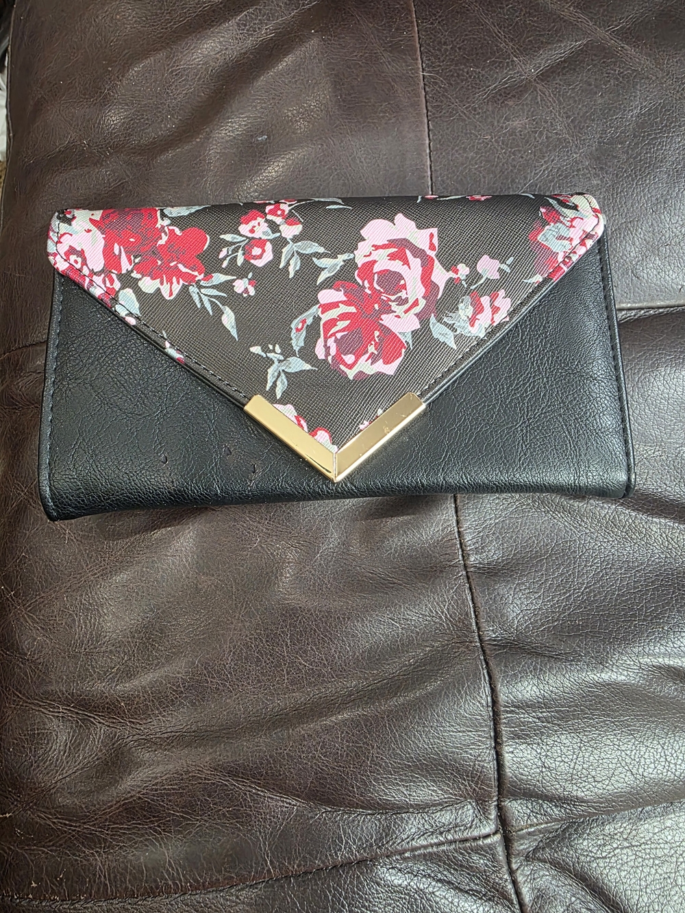 Aldo Black Wallet Clutch with Red & Pink Floral Flap